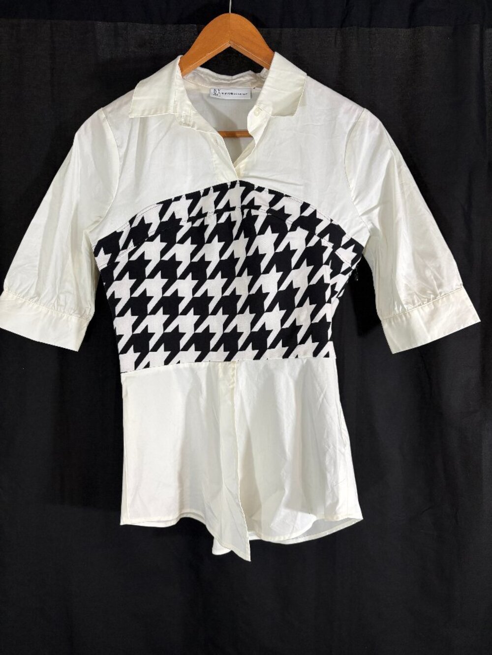 New York & Company Houndstooth Corset Overlay Button Up Blouse Top XS